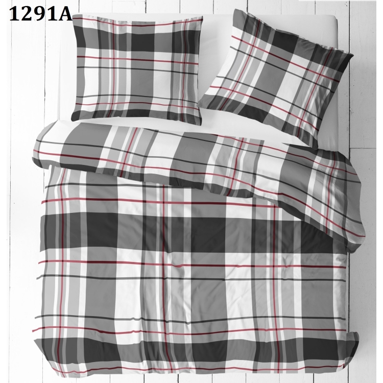 Pościel bawełniana PŁÓTNO 200x220- Krata grafit, biel i czerwień 1291A